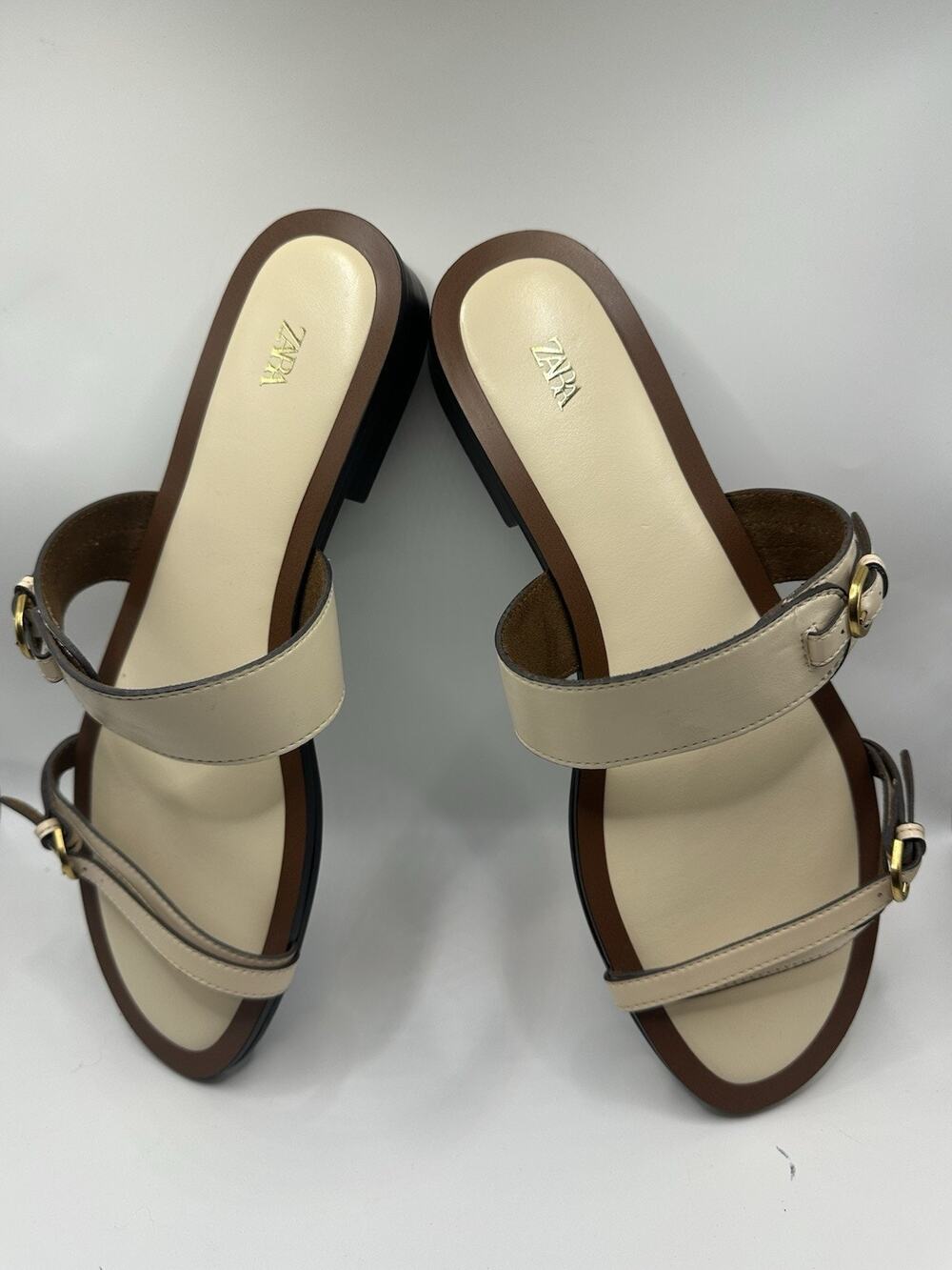 Zara Cream Double Buckle Slide Sandals Size 40 Gold Hardware Minimalist Chic